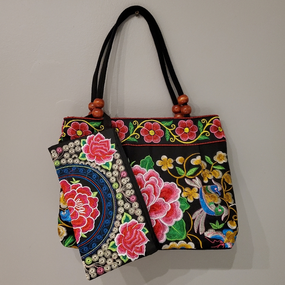 Embroidered Shoulder Bag w/ Matching Wallet